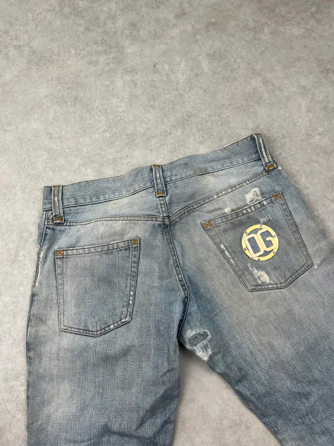 AW2005 Dolce & Gabbana Light Blue Patch Distressed Denim Jeans DceTRnx 7