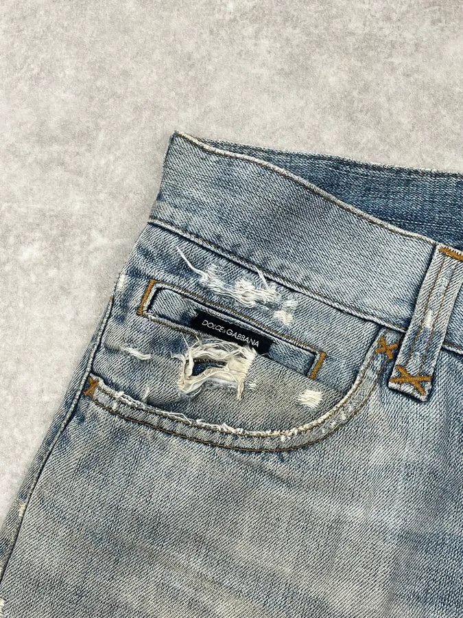 AW2005 Dolce & Gabbana Light Blue Patch Distressed Denim Jeans DceTRnx 8