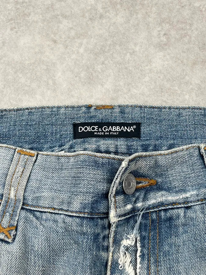 AW2005 Dolce & Gabbana Light Blue Patch Distressed Denim Jeans DceTRnx 9