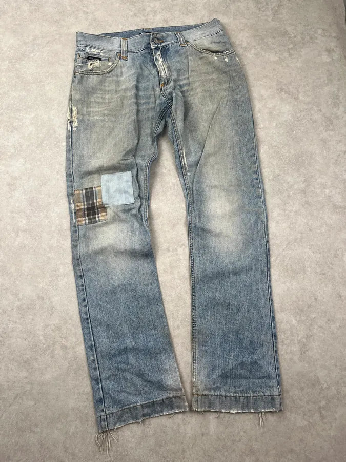AW2005 Dolce & Gabbana Light Blue Patch Distressed Denim Jeans DceTRnx 5