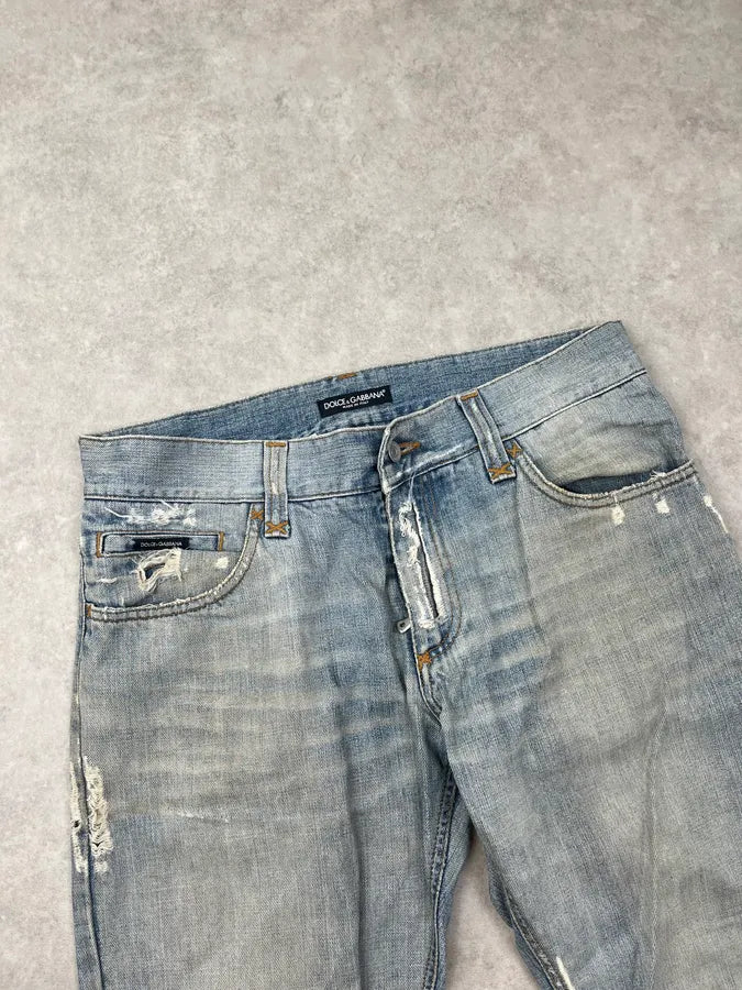 AW2005 Dolce & Gabbana Light Blue Patch Distressed Denim Jeans DceTRnx 6