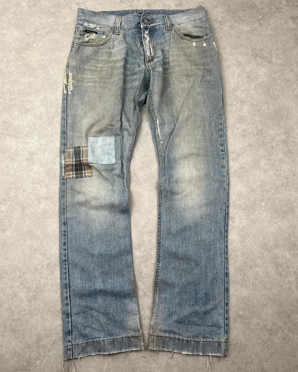 AW2005 Dolce & Gabbana Light Blue Patch Distressed Denim Jeans DceTRnx 0