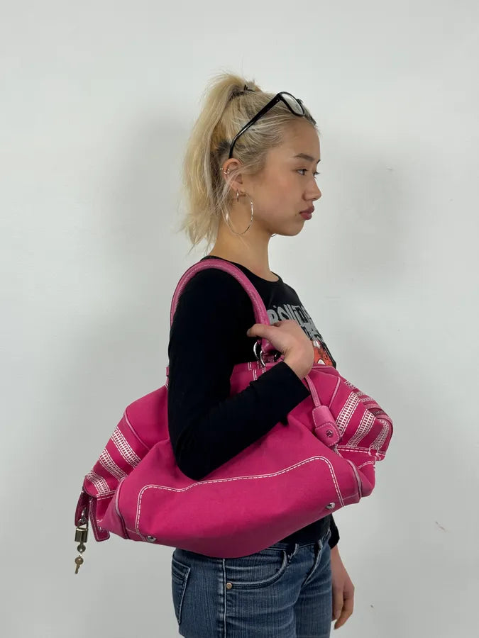 2000s Dolce & Gabbana Lily Trompe L’Oeil Zip Pink Handle Bag gWQaAVd 2