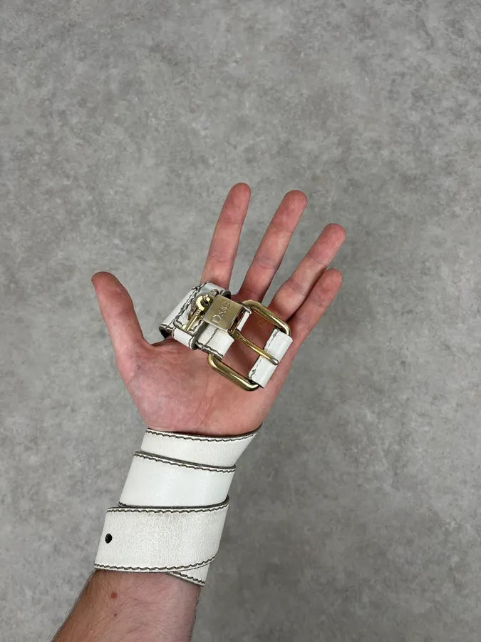 2000s Dolce & Gabbana Lock Buckle White Leather Belt lZTPQpb 1
