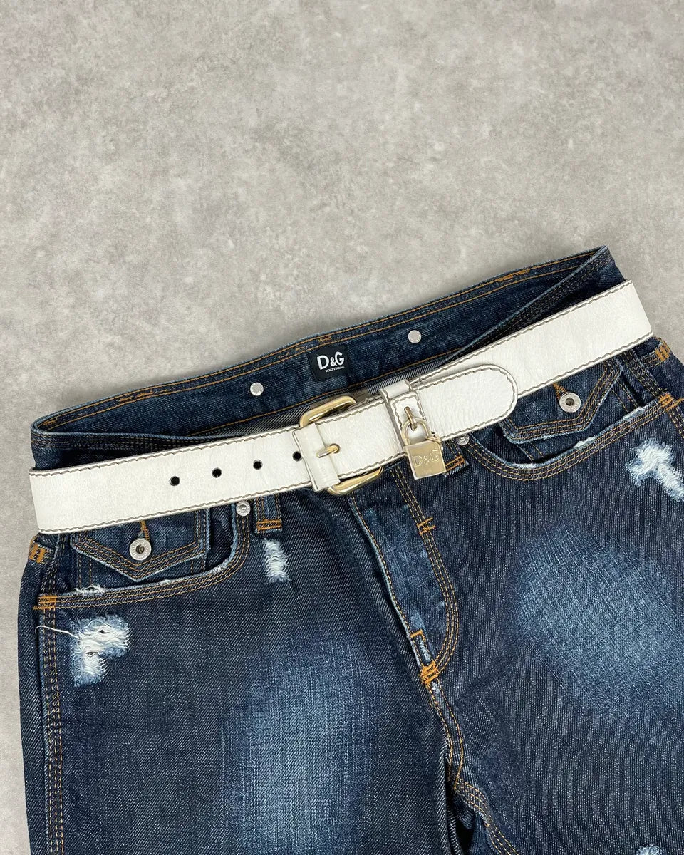 2000s Dolce & Gabbana Lock Buckle White Leather Belt lZTPQpb 0