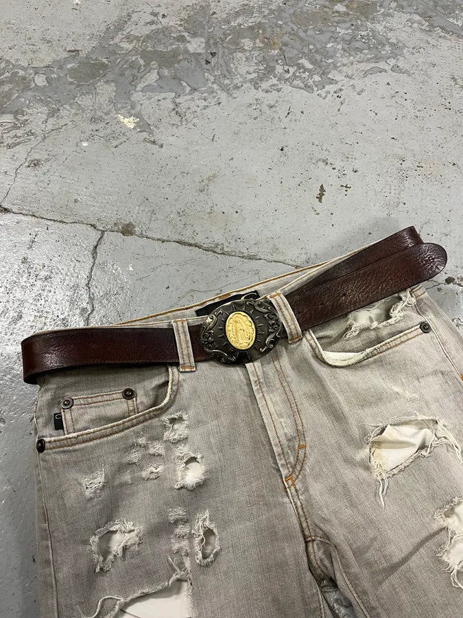 2000s Dolce & Gabbana Maria Ornament Buckle Brown Leather Belt IBUdCez 0