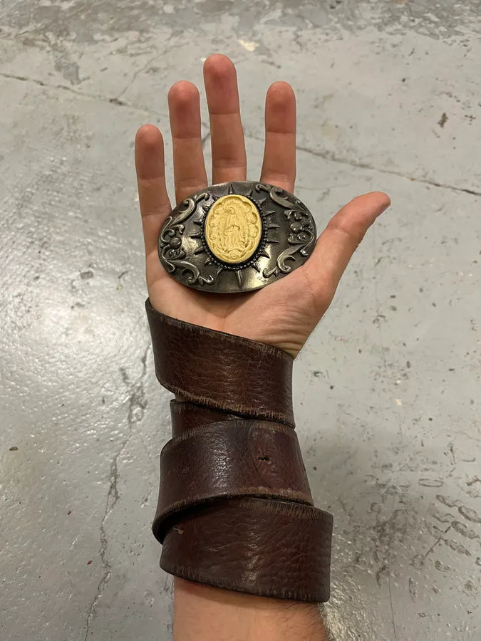 2000s Dolce & Gabbana Maria Ornament Buckle Brown Leather Belt IBUdCez 1