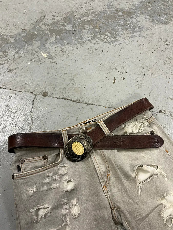 2000s Dolce & Gabbana Maria Ornament Buckle Brown Leather Belt IBUdCez 2