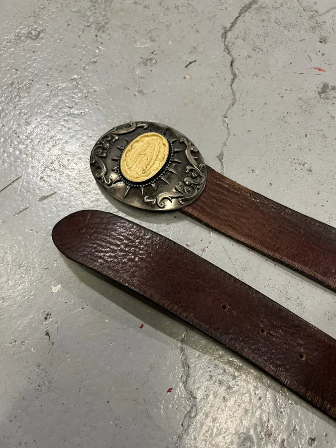 2000s Dolce & Gabbana Maria Ornament Buckle Brown Leather Belt IBUdCez 4