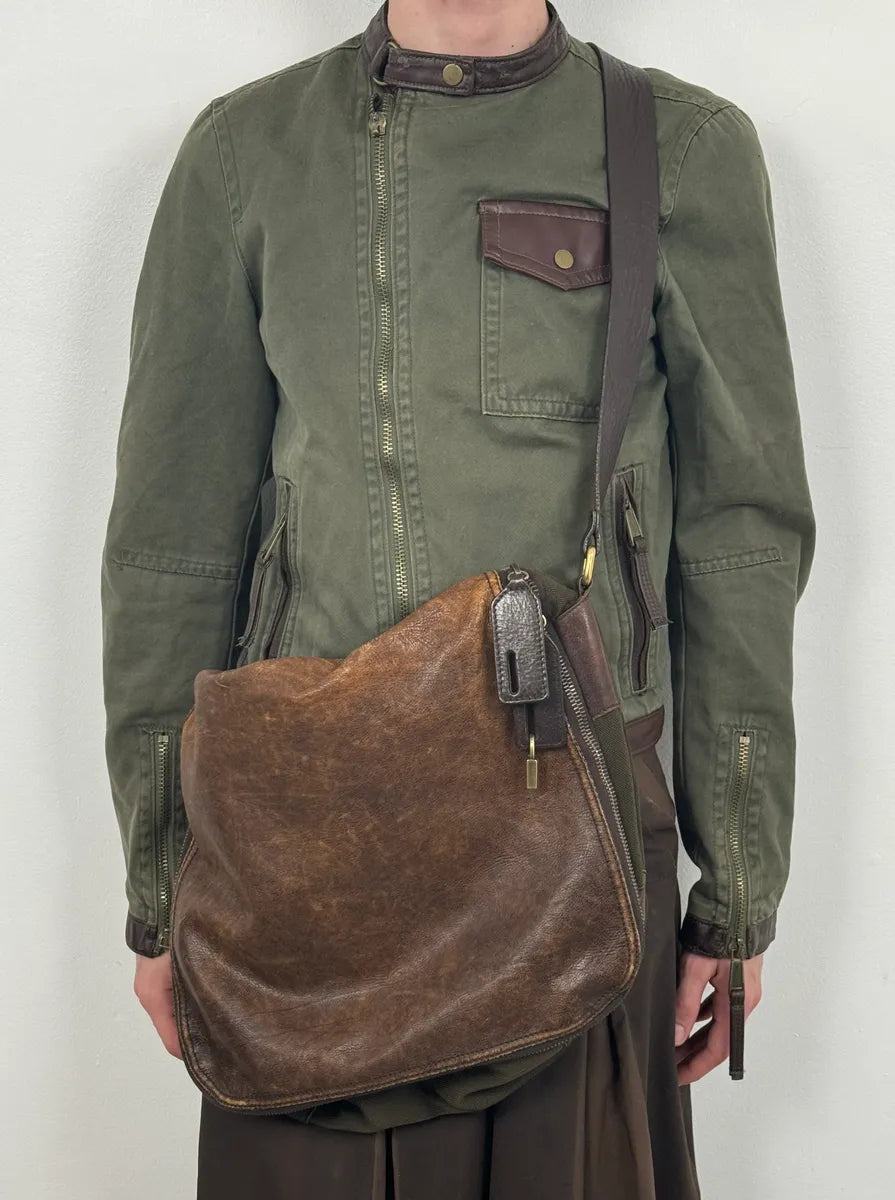 2000s Dolce & Gabbana Military Green Canvas & Brown Leather Shoulder Bag wlkusGR 1