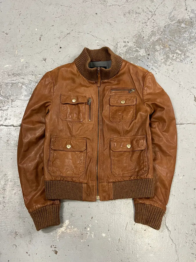 2000s Dolce & Gabbana Multi Pockets Brown Leather Jacket fnyJUHl 0