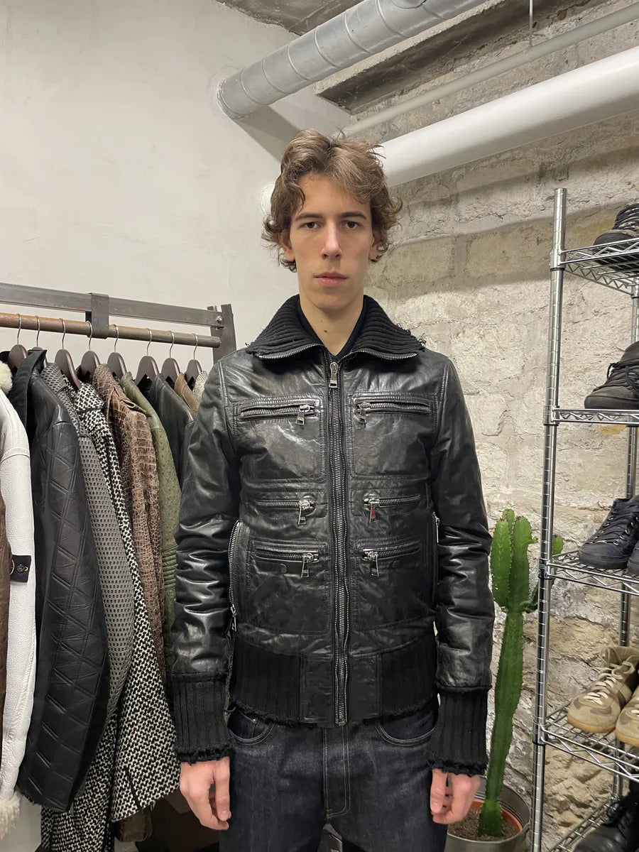 2000s Dolce & Gabbana Multi Zip Black Goatskin Leather Distressed Rebel Jacket (M/L) 0
