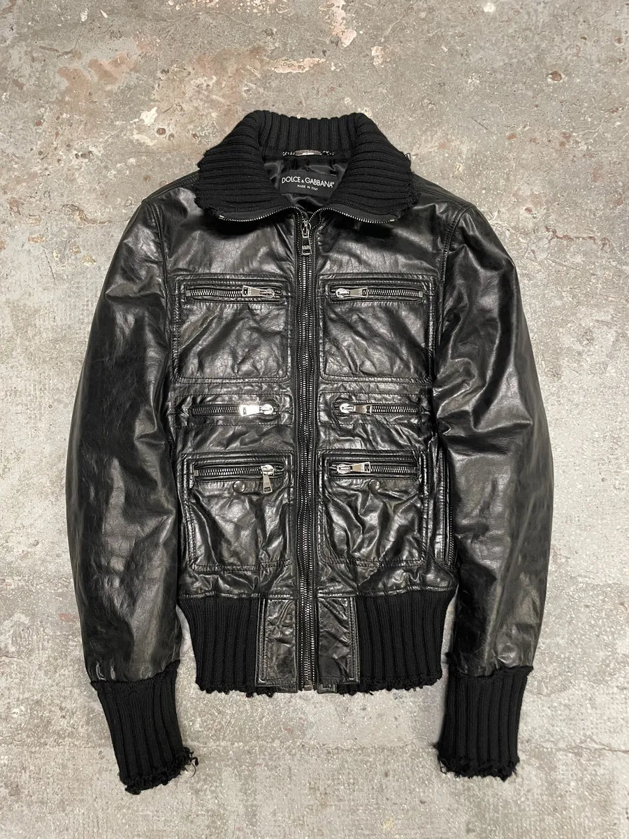 2000s Dolce & Gabbana Multi Zip Black Goatskin Leather Distressed Rebel Jacket (M/L) 1