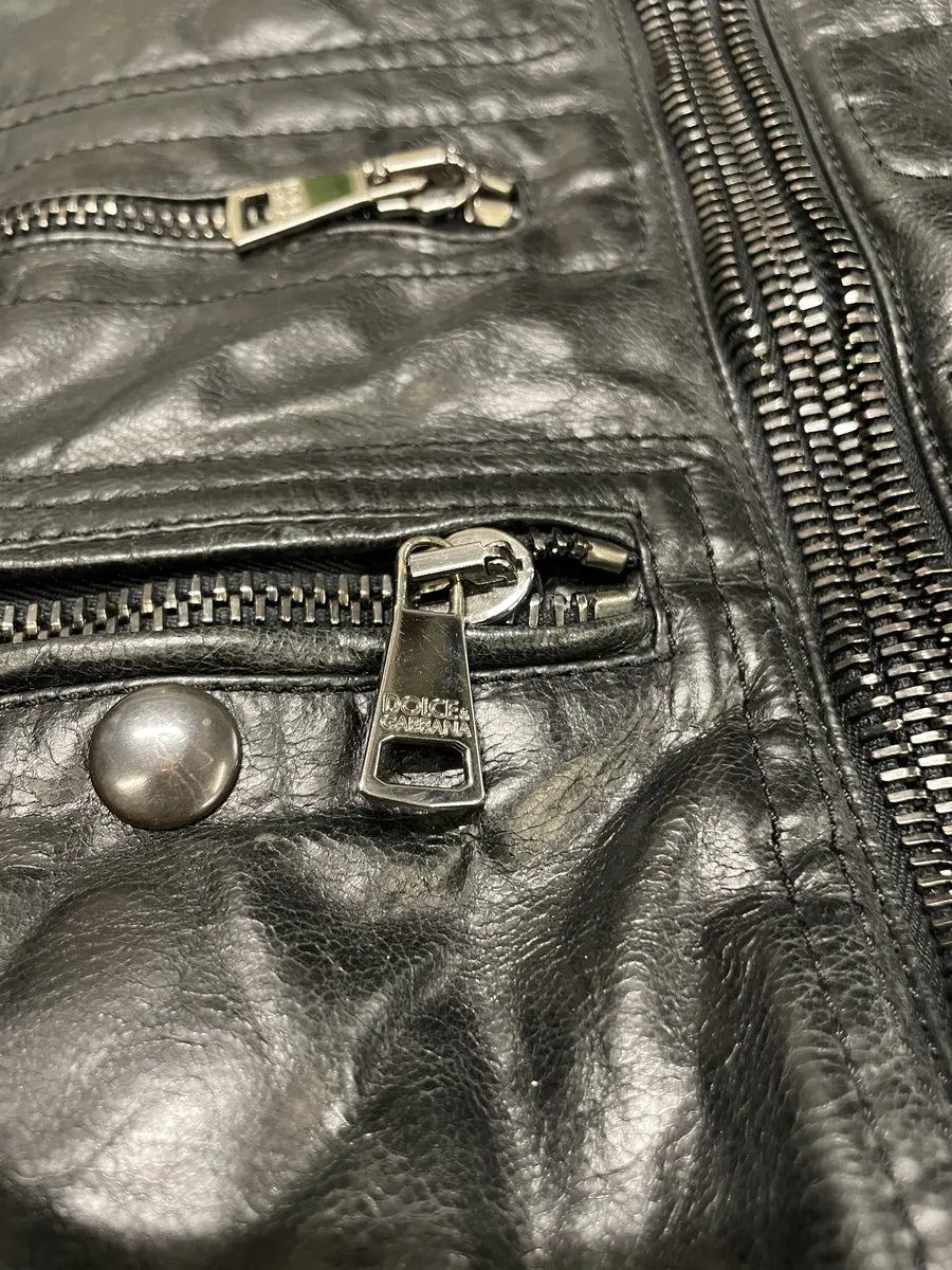 2000s Dolce & Gabbana Multi Zip Black Goatskin Leather Distressed Rebel Jacket (M/L) 7