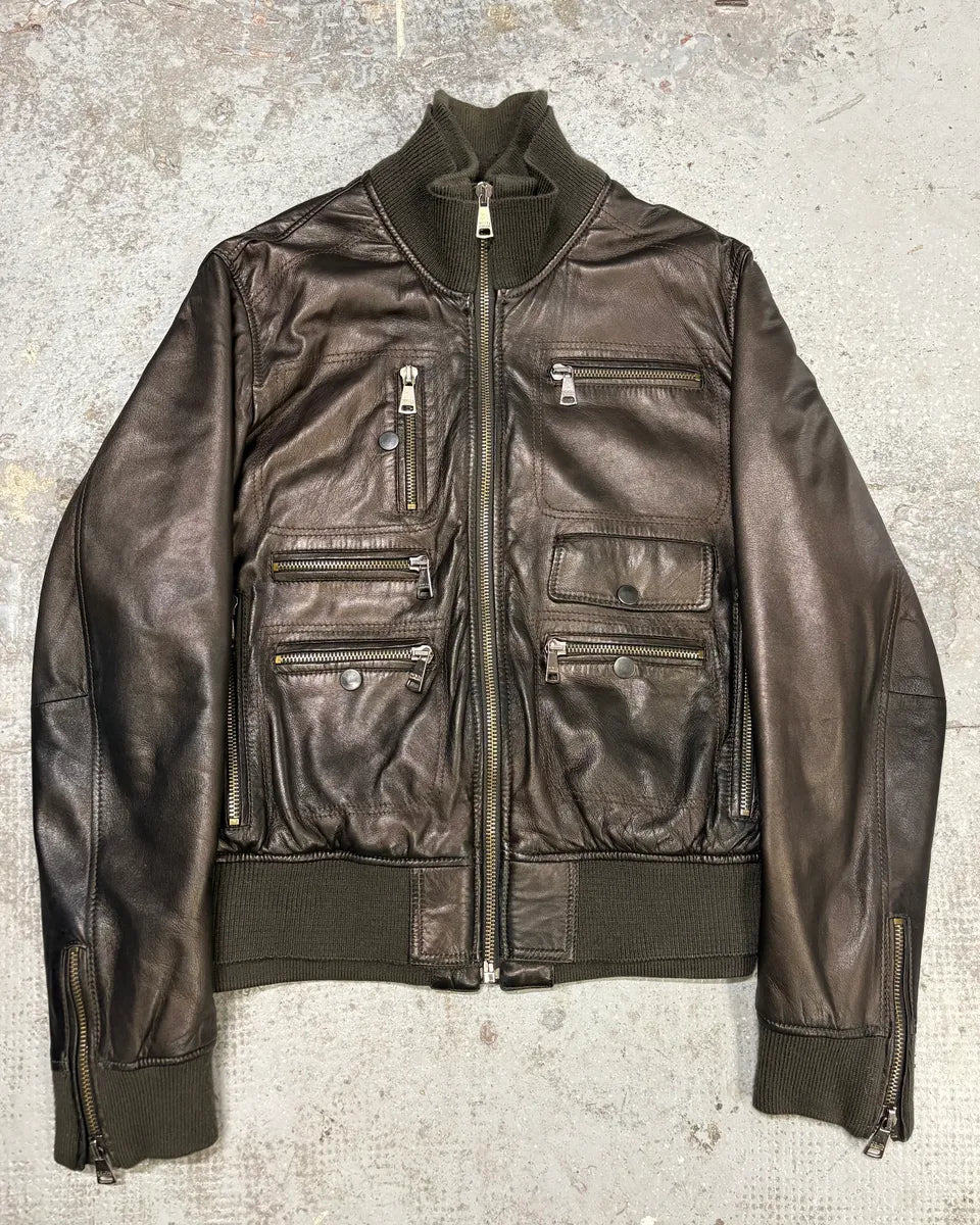 2000s Dolce & Gabbana Multi Zips Brown Bronze Leather Jacket (M) JAEbMDk 0