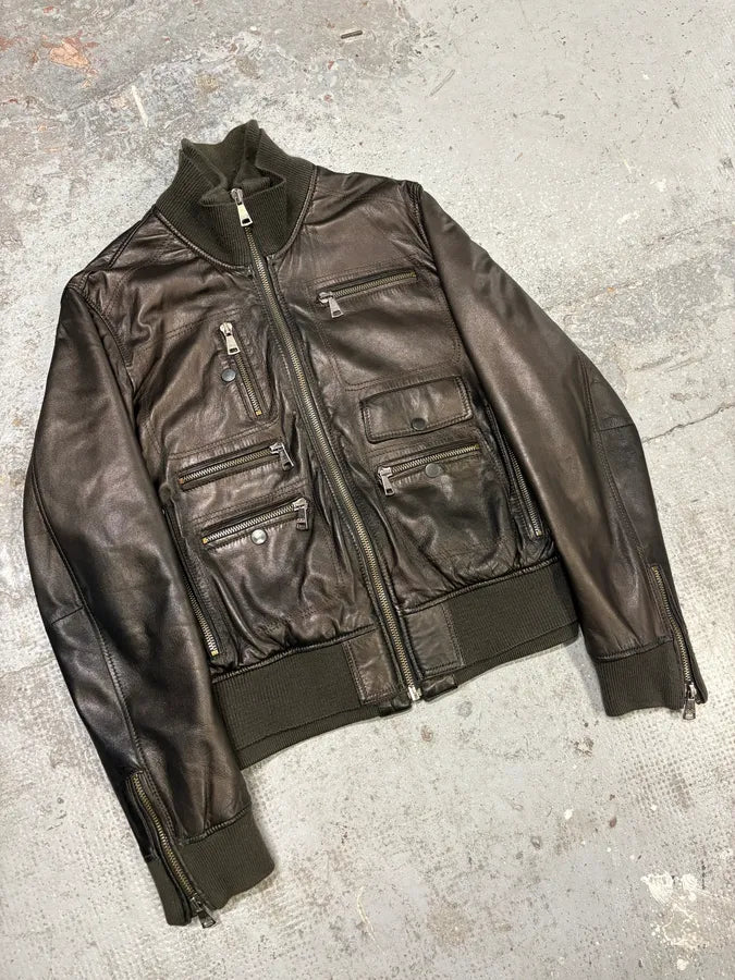 2000s Dolce & Gabbana Multi Zips Brown Bronze Leather Jacket (M) JAEbMDk 3