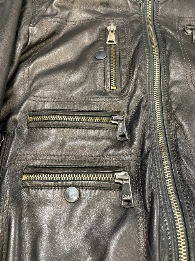 2000s Dolce & Gabbana Multi Zips Brown Bronze Leather Jacket (M) JAEbMDk 8