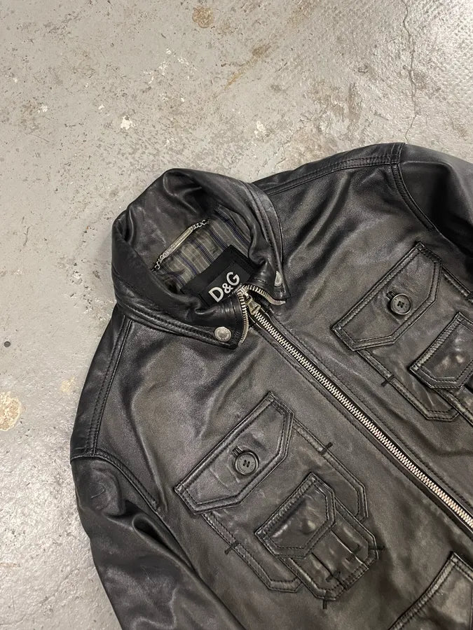 2000s Dolce & Gabbana Multipocket Black Leather Jacket (L) 2