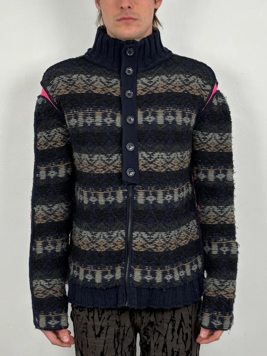 2000s Dolce & Gabbana Navy Abstract & Pink Wool Zip-up Sweater AVACbLX 1