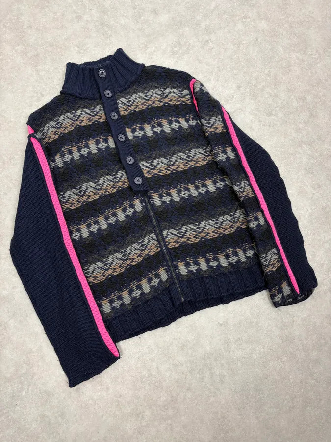 2000s Dolce & Gabbana Navy Abstract & Pink Wool Zip-up Sweater AVACbLX 3