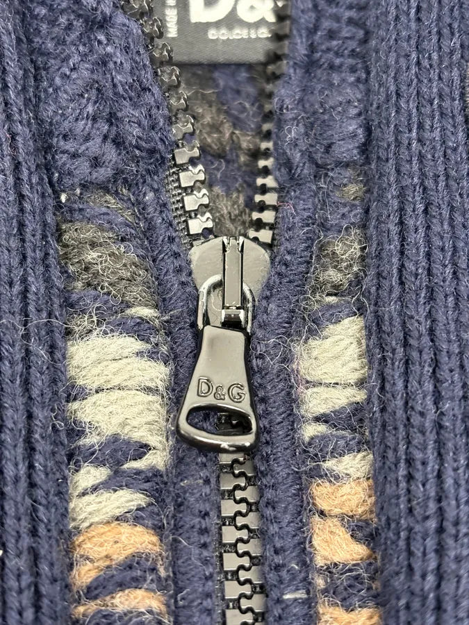 2000s Dolce & Gabbana Navy Abstract & Pink Wool Zip-up Sweater AVACbLX 8
