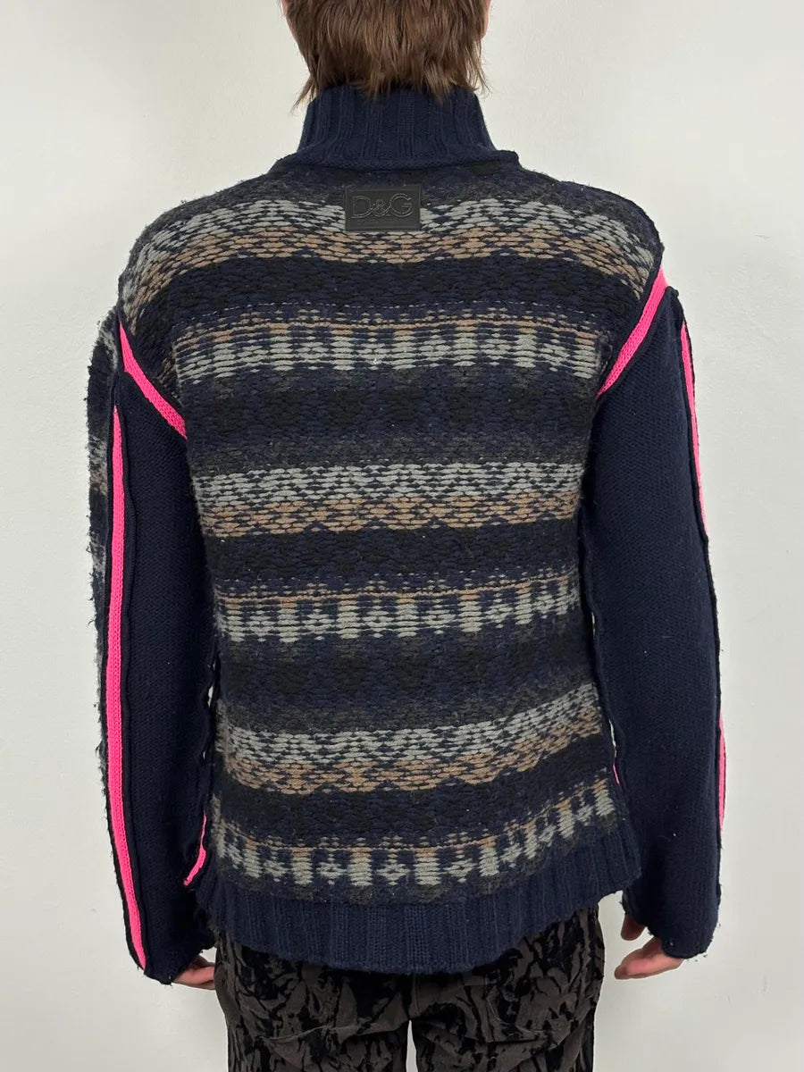 2000s Dolce & Gabbana Navy Abstract & Pink Wool Zip-up Sweater AVACbLX 2