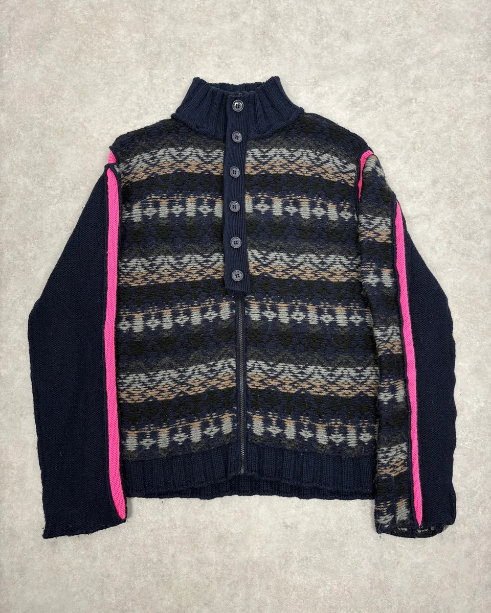 2000s Dolce & Gabbana Navy Abstract & Pink Wool Zip-up Sweater AVACbLX 0