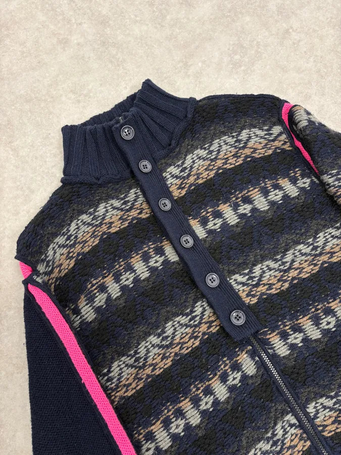 2000s Dolce & Gabbana Navy Abstract & Pink Wool Zip-up Sweater AVACbLX 4