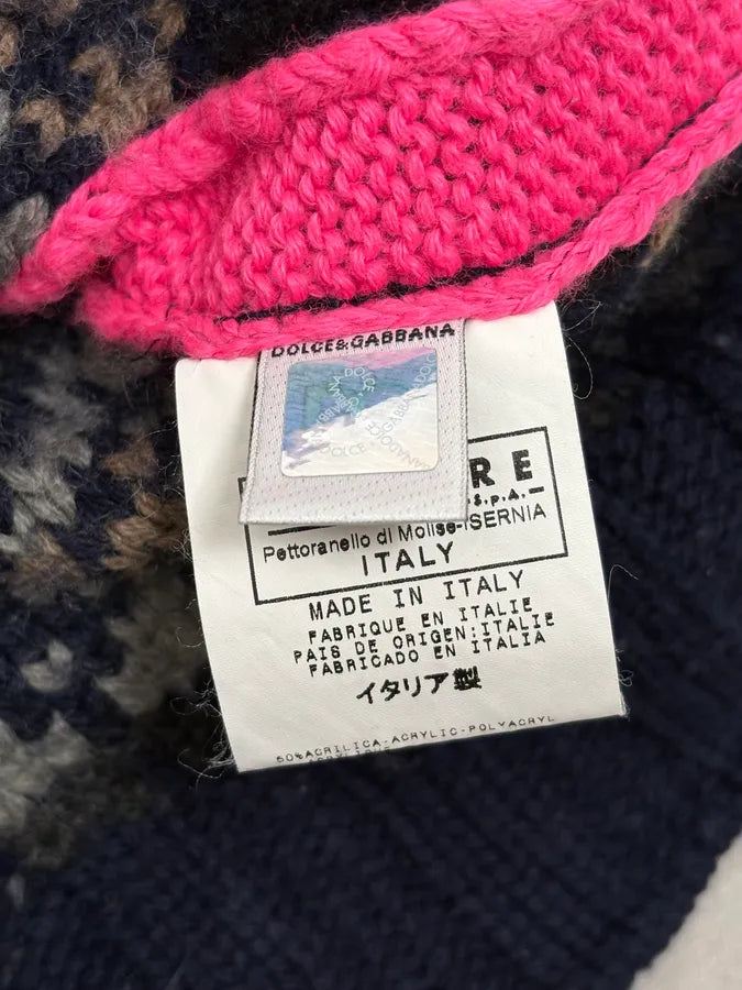 2000s Dolce & Gabbana Navy Abstract & Pink Wool Zip-up Sweater AVACbLX 11