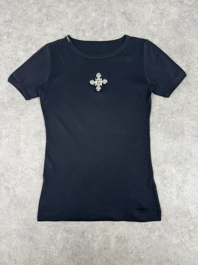 2000s Dolce & Gabbana Navy Crystal Cross T-Shirt lzEacNW 1