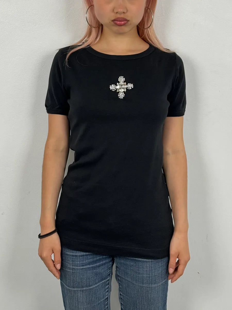 2000s Dolce & Gabbana Navy Crystal Cross T-Shirt lzEacNW 0