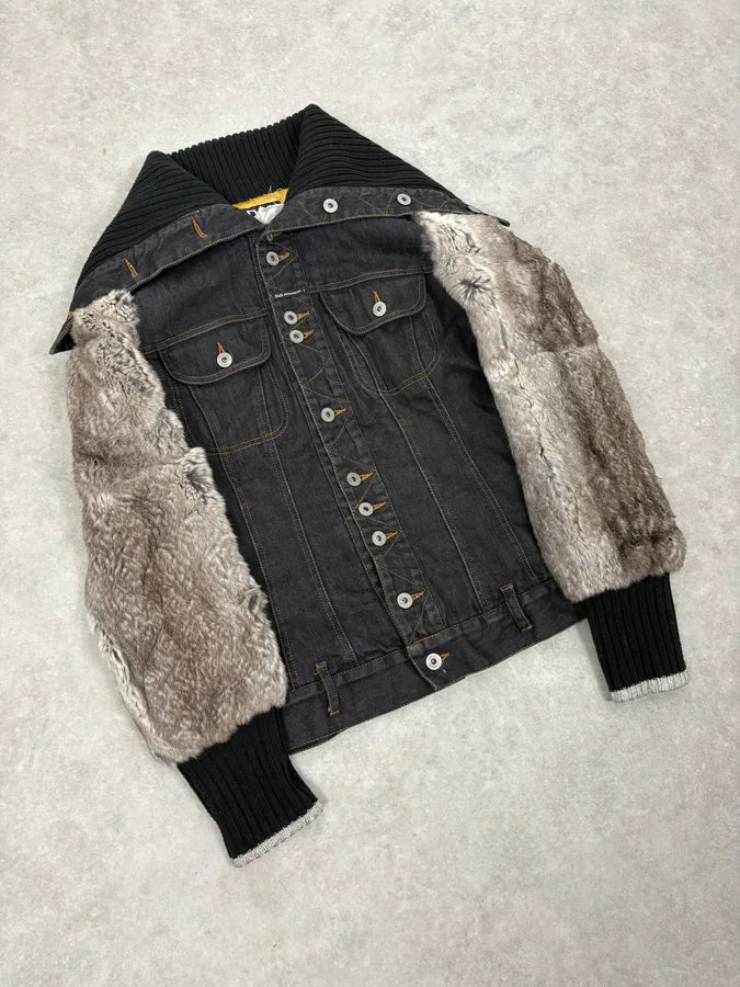 2000s Dolce & Gabbana Navy Denim Buttoned Fur Arms Jacket IwionXZ 3