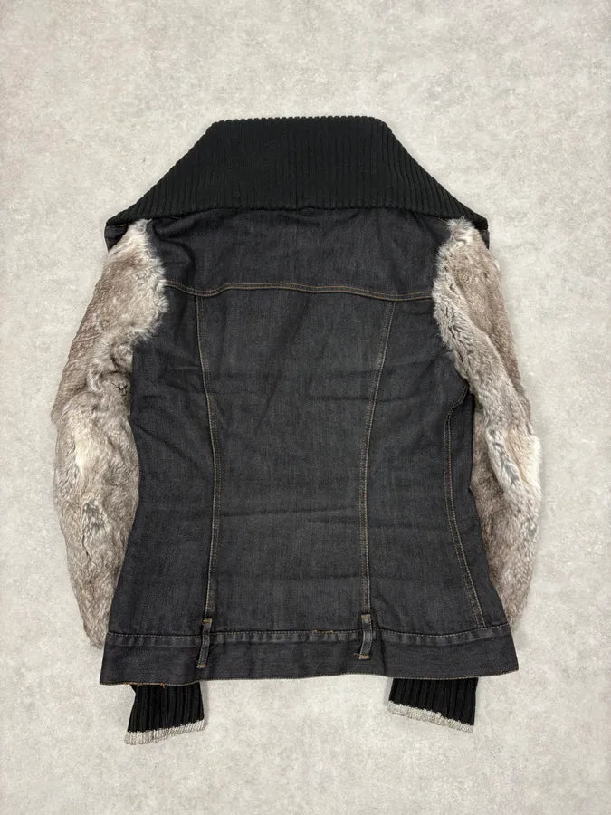 2000s Dolce & Gabbana Navy Denim Buttoned Fur Arms Jacket IwionXZ 5