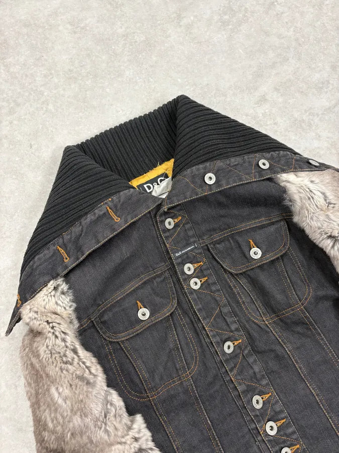 2000s Dolce & Gabbana Navy Denim Buttoned Fur Arms Jacket IwionXZ 4