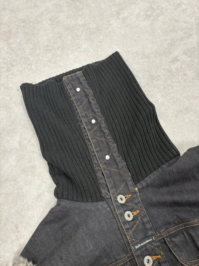 2000s Dolce & Gabbana Navy Denim Buttoned Fur Arms Jacket IwionXZ 8
