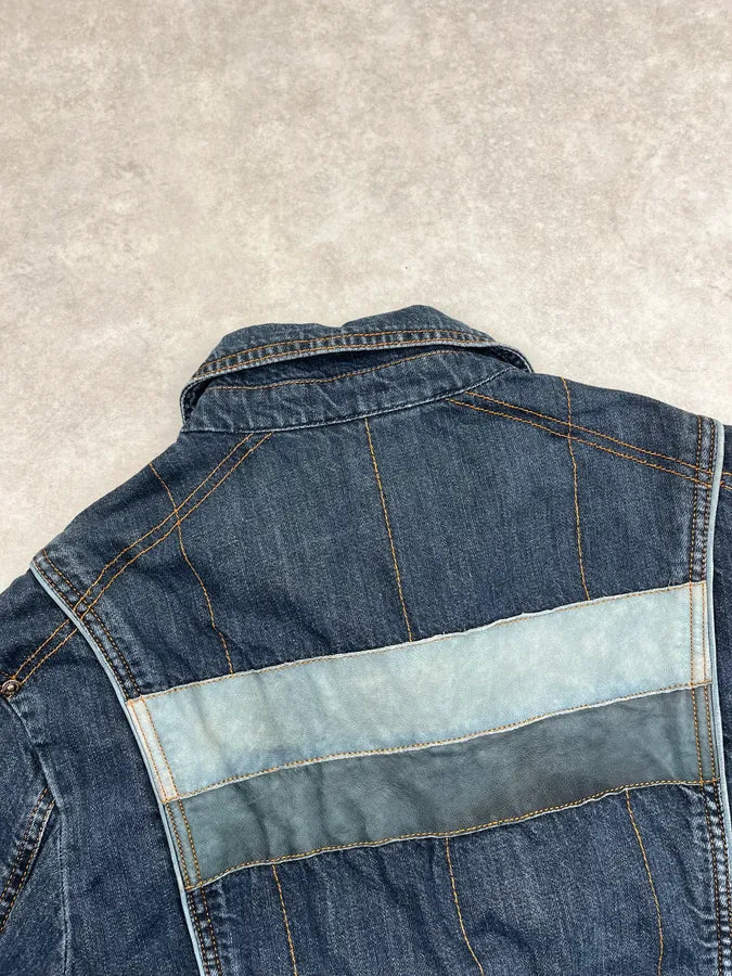 AW2004 Dolce & Gabbana Navy Contrast Leather Stripe Zip Denim Jacket guPtynr 8