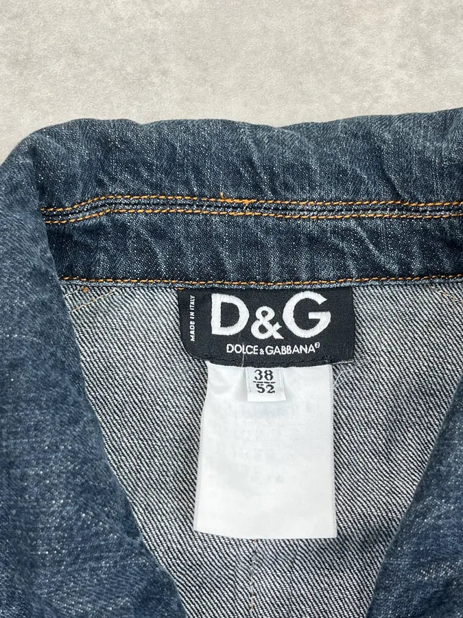 AW2004 Dolce & Gabbana Navy Contrast Leather Stripe Zip Denim Jacket guPtynr 10