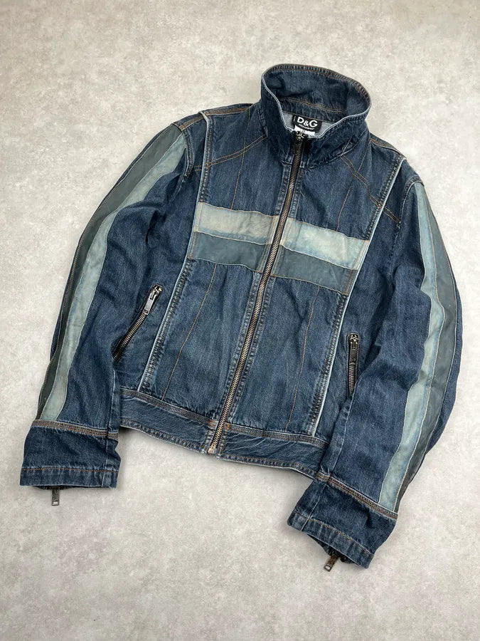 AW2004 Dolce & Gabbana Navy Contrast Leather Stripe Zip Denim Jacket guPtynr 5