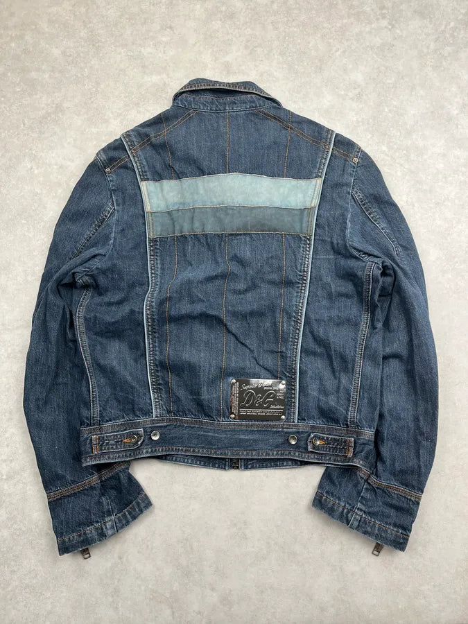 AW2004 Dolce & Gabbana Navy Contrast Leather Stripe Zip Denim Jacket guPtynr 6