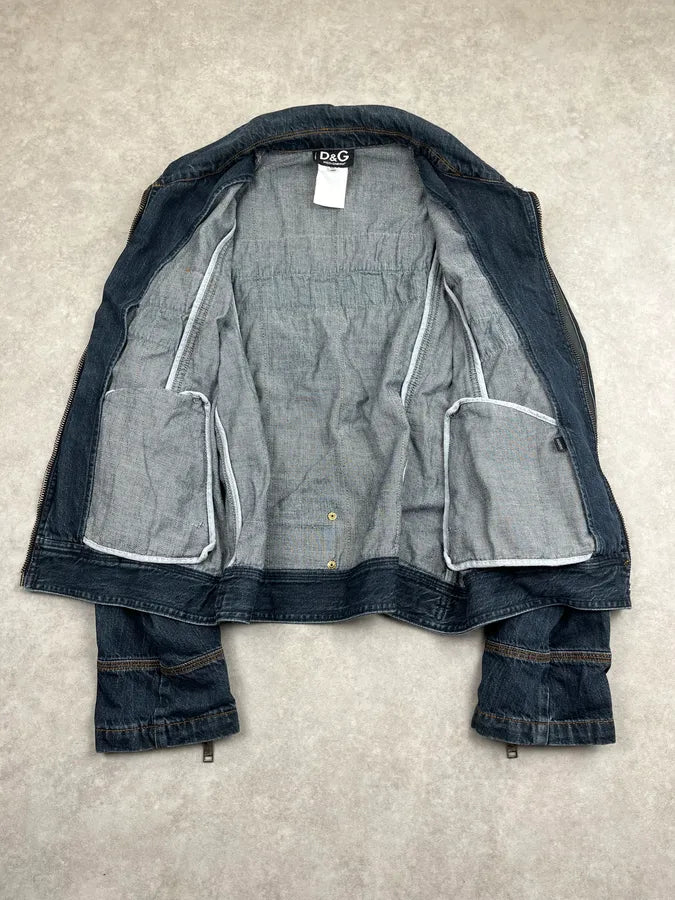 AW2004 Dolce & Gabbana Navy Contrast Leather Stripe Zip Denim Jacket guPtynr 9