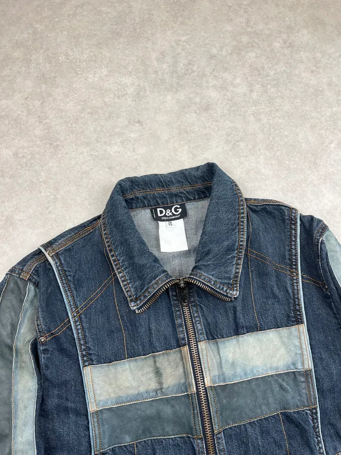 AW2004 Dolce & Gabbana Navy Contrast Leather Stripe Zip Denim Jacket guPtynr 4