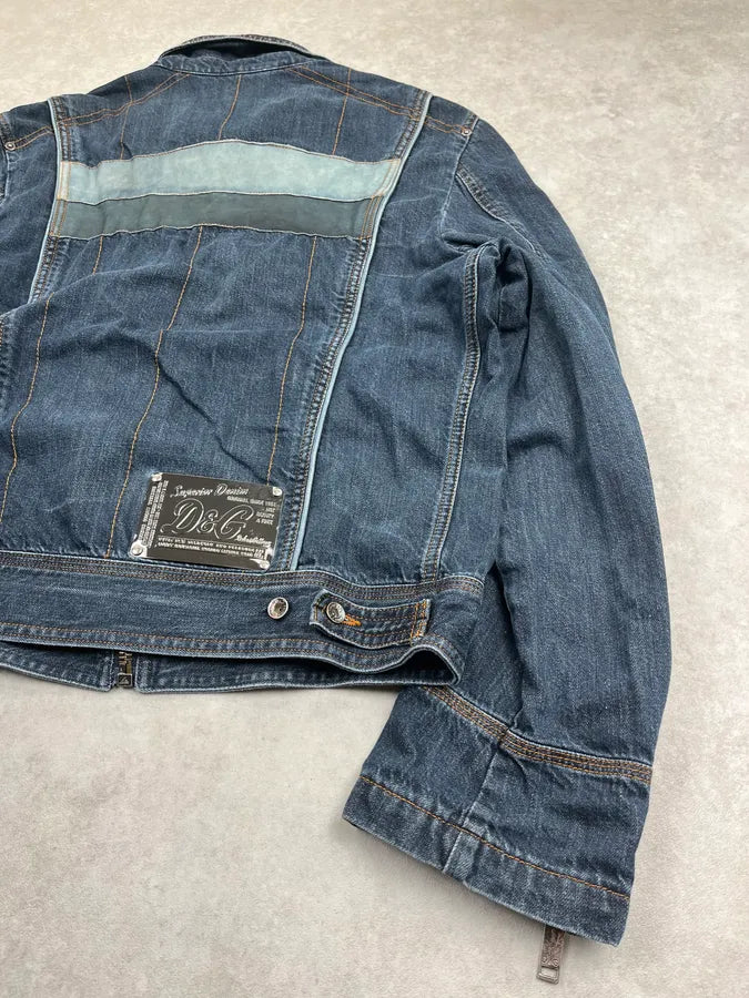 AW2004 Dolce & Gabbana Navy Contrast Leather Stripe Zip Denim Jacket guPtynr 7