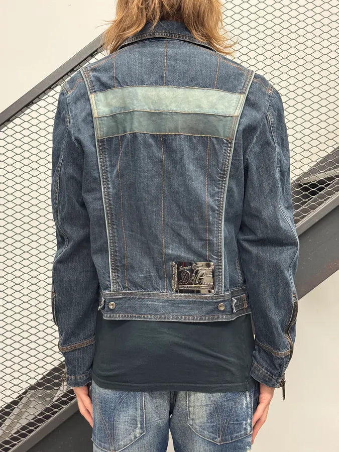 AW2004 Dolce & Gabbana Navy Contrast Leather Stripe Zip Denim Jacket guPtynr 2