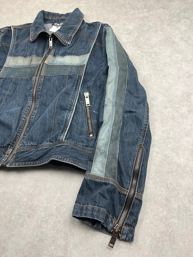 AW2004 Dolce & Gabbana Navy Contrast Leather Stripe Zip Denim Jacket guPtynr 3