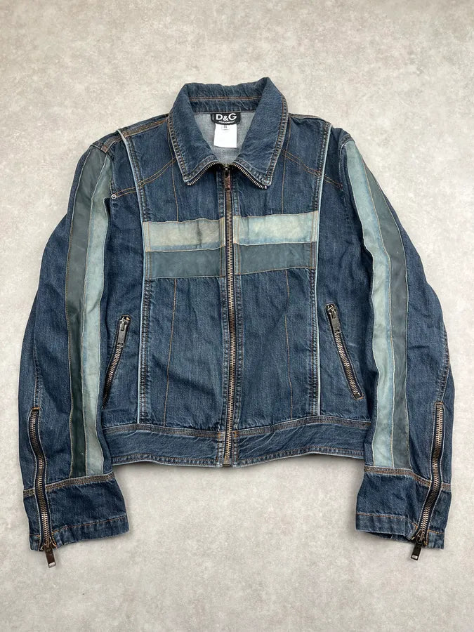AW2004 Dolce & Gabbana Navy Contrast Leather Stripe Zip Denim Jacket guPtynr 0