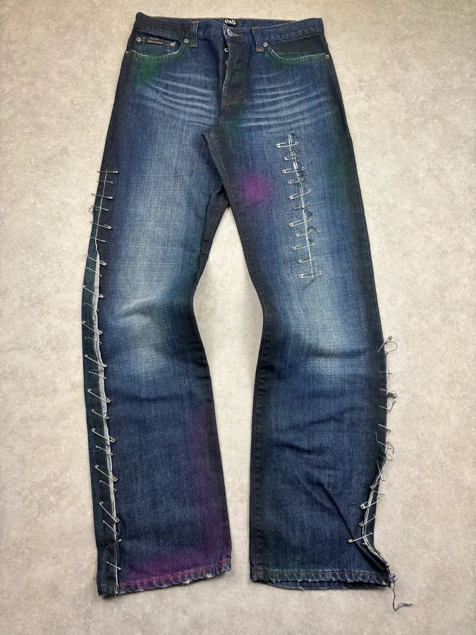 AW2001 Dolce & Gabbana Navy Denim Distressed Pins Jeans CExJINA 0