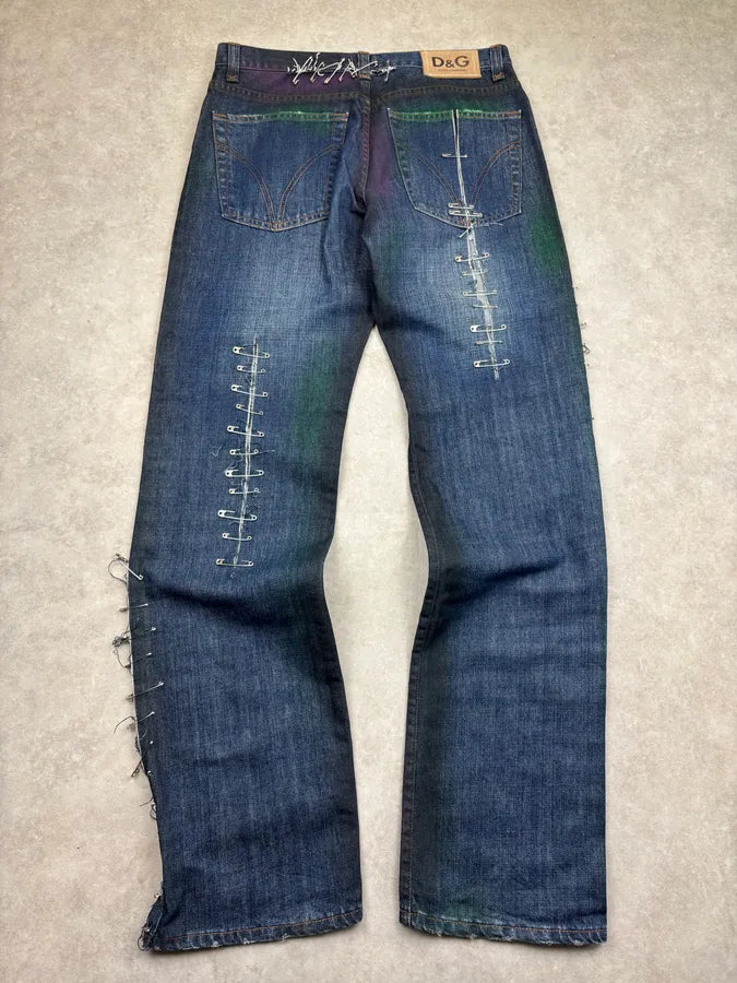 AW2001 Dolce & Gabbana Navy Denim Distressed Pins Jeans CExJINA 5