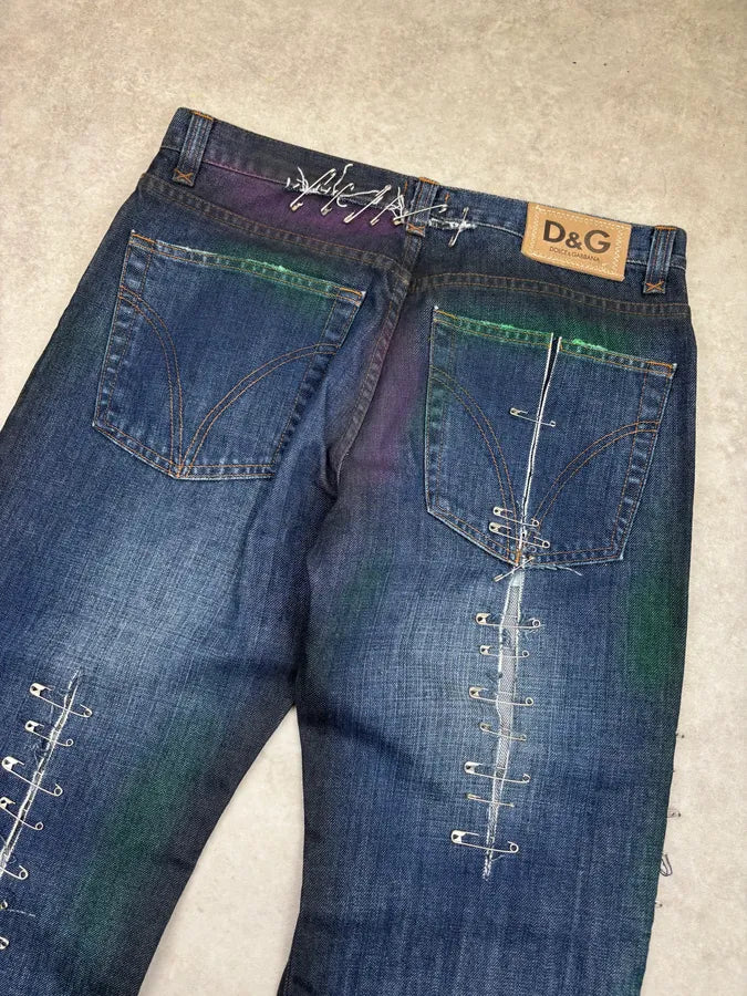 AW2001 Dolce & Gabbana Navy Denim Distressed Pins Jeans CExJINA 6