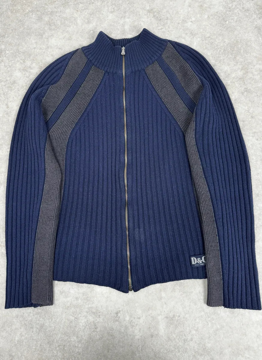 2000s Dolce & Gabbana Navy Grey Lines Turtle Neck Wool Zip-Up hoVqwYY 0