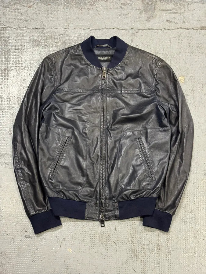 2000s Dolce & Gabbana Navy Leather Bomber Jacket oaEaefL 0
